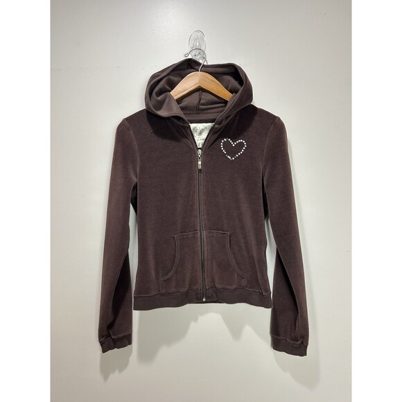 Y2K House Of Freedom Velour Track Suit SET Flare Bling Heart Brown Size M - Picture 8 of 12